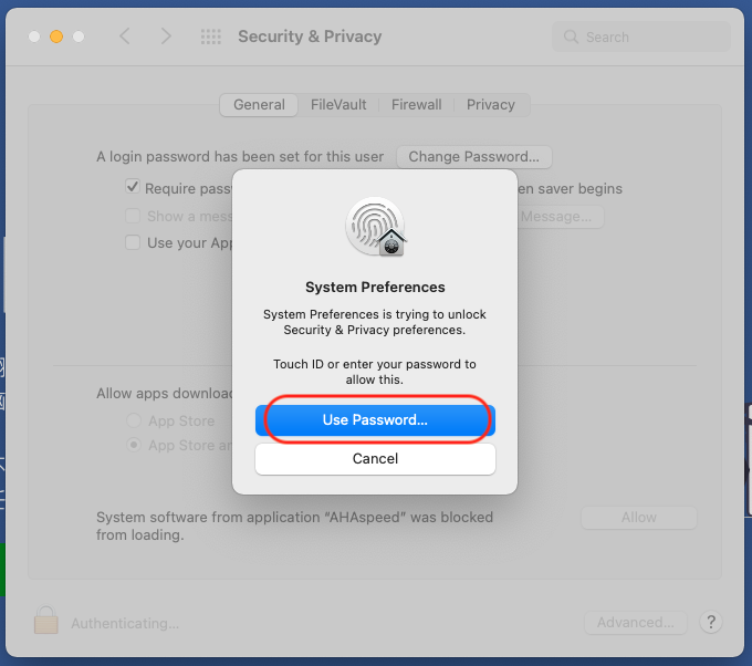 MacOS enter password to modify Security & Privacy Settings to allow app